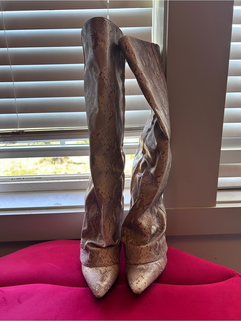 Source Unknown Snake-Print Over-the-Knee Pointed-Toe Boots - Beige/Brown